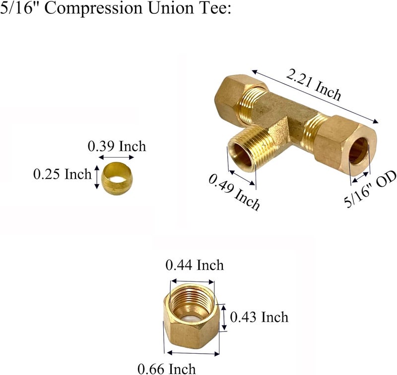 Bumugufu 2 Pcs Brass Compression Union Tee Tube Fittings, 5/16" x 5/16" x 5/16" Compression Tee for Gas Line, Oil Pressure Gauges and Air Compressor - Image 2